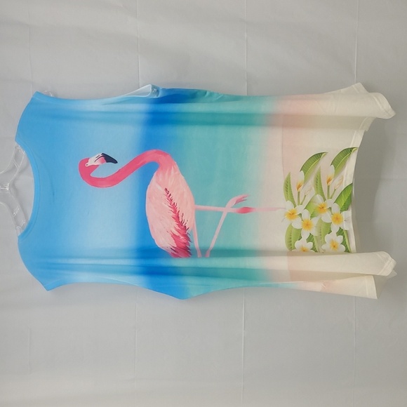 Crystal Beaded Flamingo Print Beach Tank Top Sleeveless Coastal Resort Cruise - Picture 7 of 12